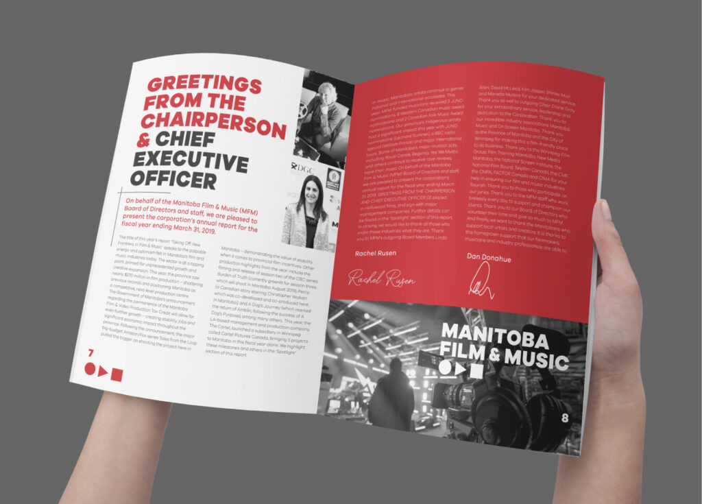 Manitoba Film & Music Annual Report inner page design.