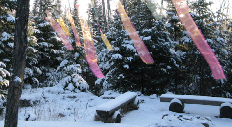 Pink textile art in Boreal forest