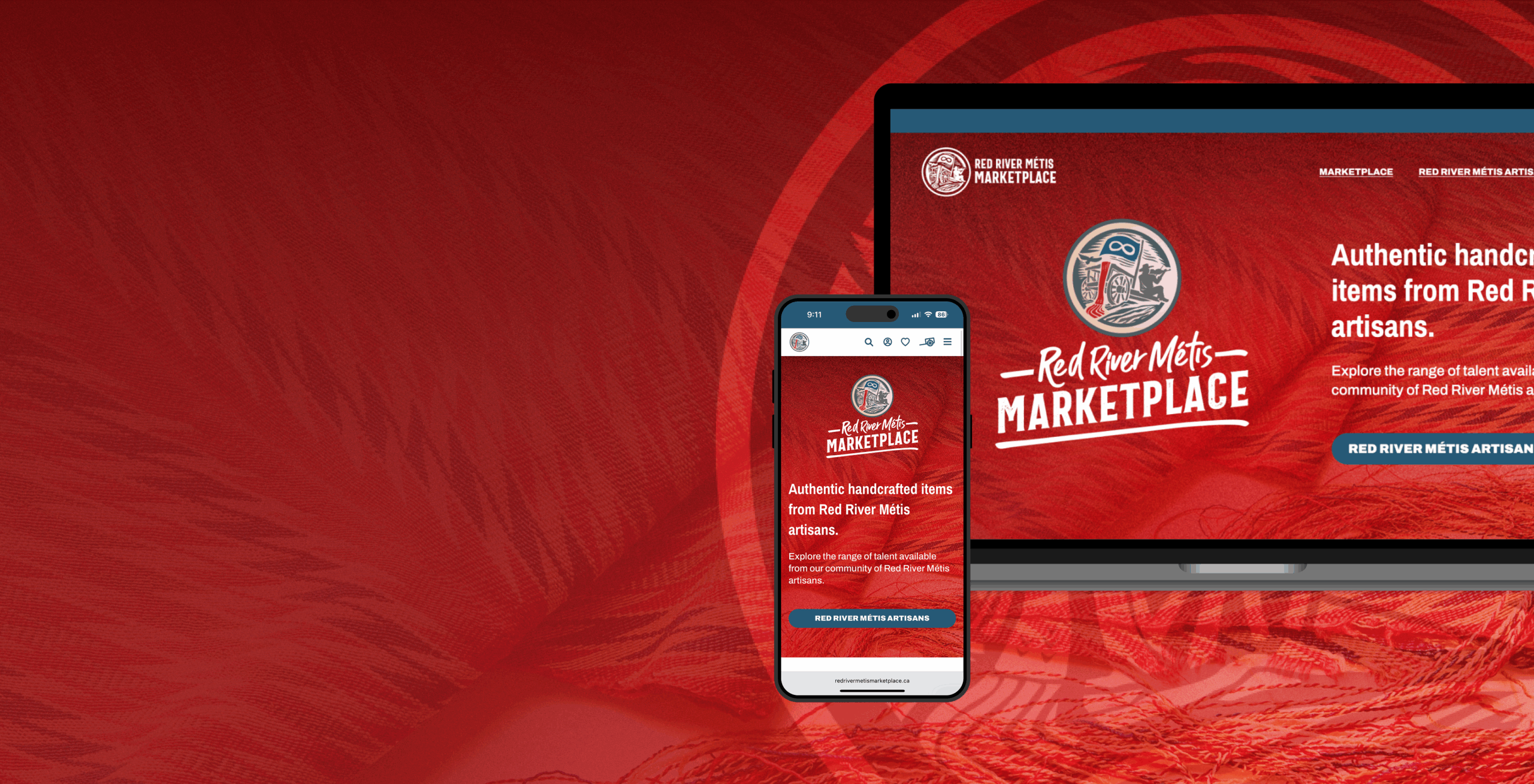 Red River Métis Marketplace website mockup on laptop and cell phone.