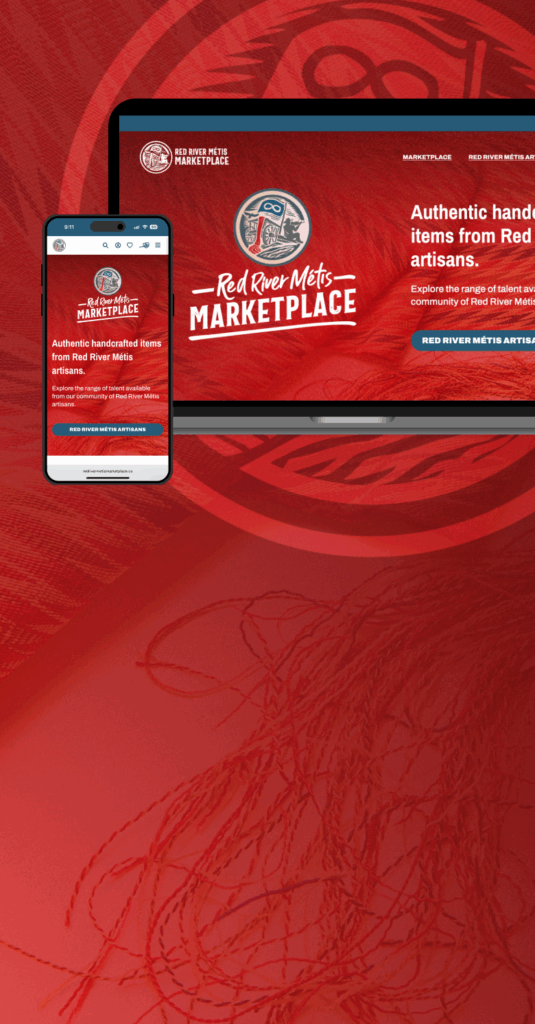 Red River Métis Marketplace website design mockup on laptop and mobile device.