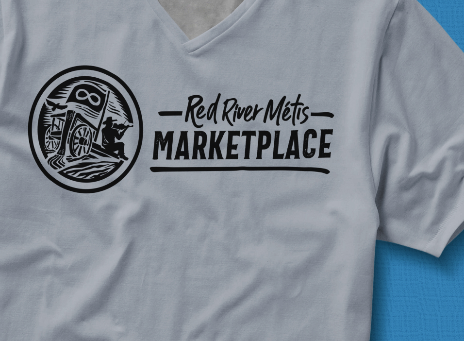 Red River Métis Marketplace logo design on t-shirt.