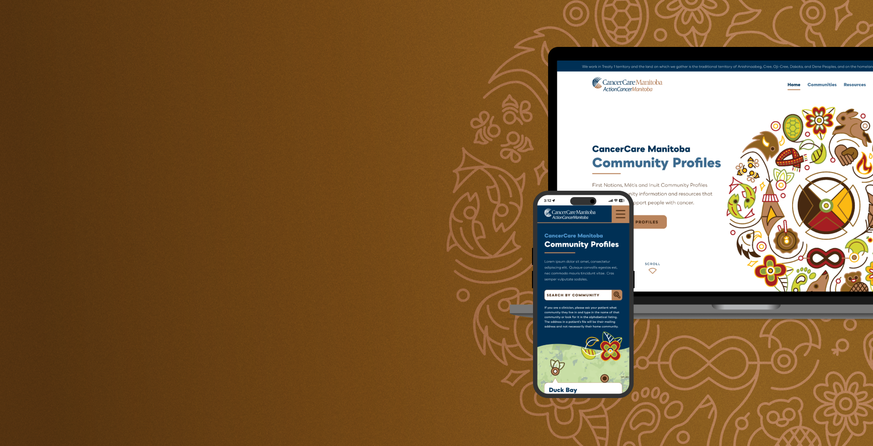 CancerCare Manitoba Community Profiles website desktop and mobile mockup.