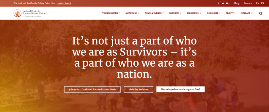National Centre for Truth and Reconciliation (NCTR) website design, hero image.