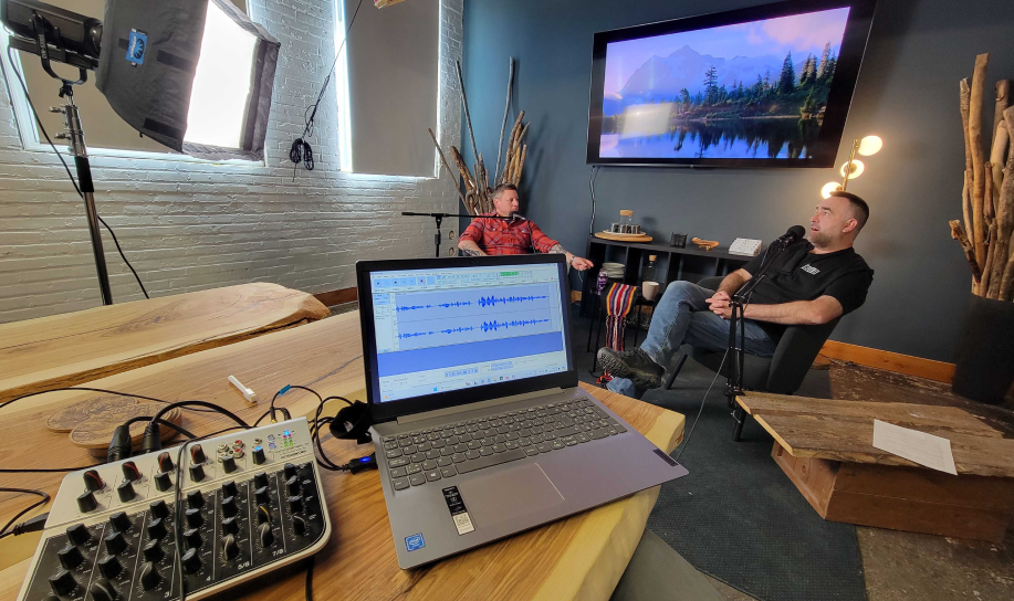 Shaun and guest recording Stories Under the Canoe.