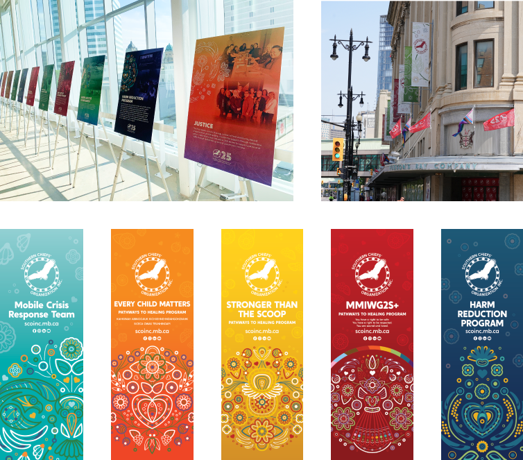 SCO posters and banners for Indigenous causes and initiatives.