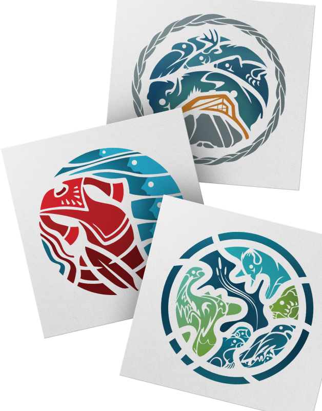 Three mock-ups of Grey Buffalo Grandfather Wellness Lodge, MMIWG2S, and Nipiy Tu logos on card stock.