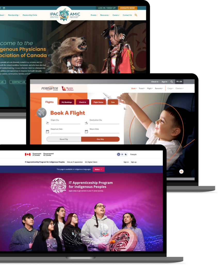 Three laptop screen mock-ups of Indigenous Physicians Association of Canada, Perimeter Aviation, and IT Apprenticeship Program for Indigenous people.