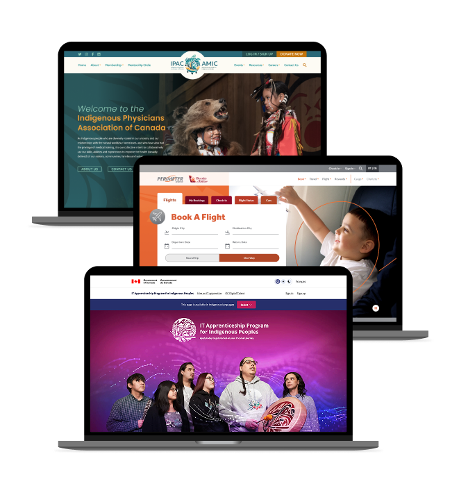 Three laptop screen mock-ups of Indigenous Physicians Association of Canada, Perimeter Aviation, and IT Apprenticeship Program for Indigenous people.