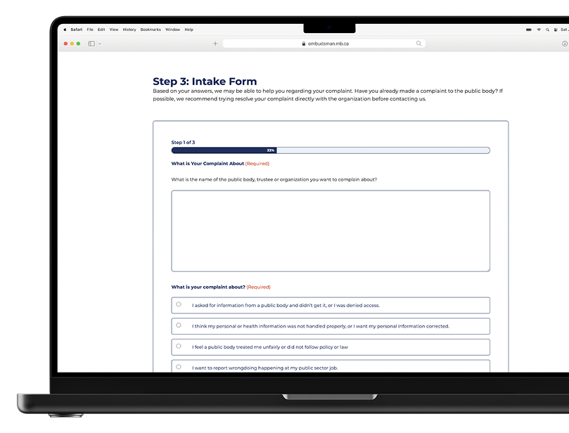 Manitoba Ombudsman Intake Form design on laptop.