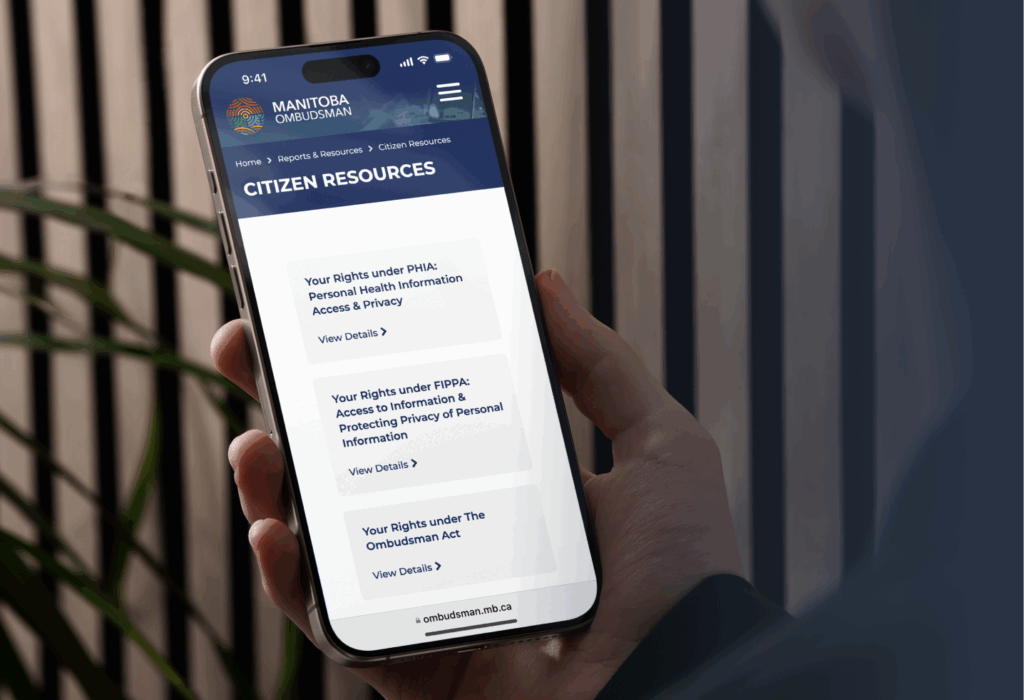 Manitoba Ombudsman mobile website mockup on cell phone.