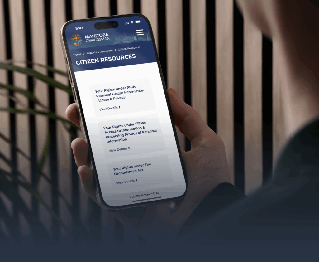 Manitoba Ombudsman mobile website mockup on cell phone.