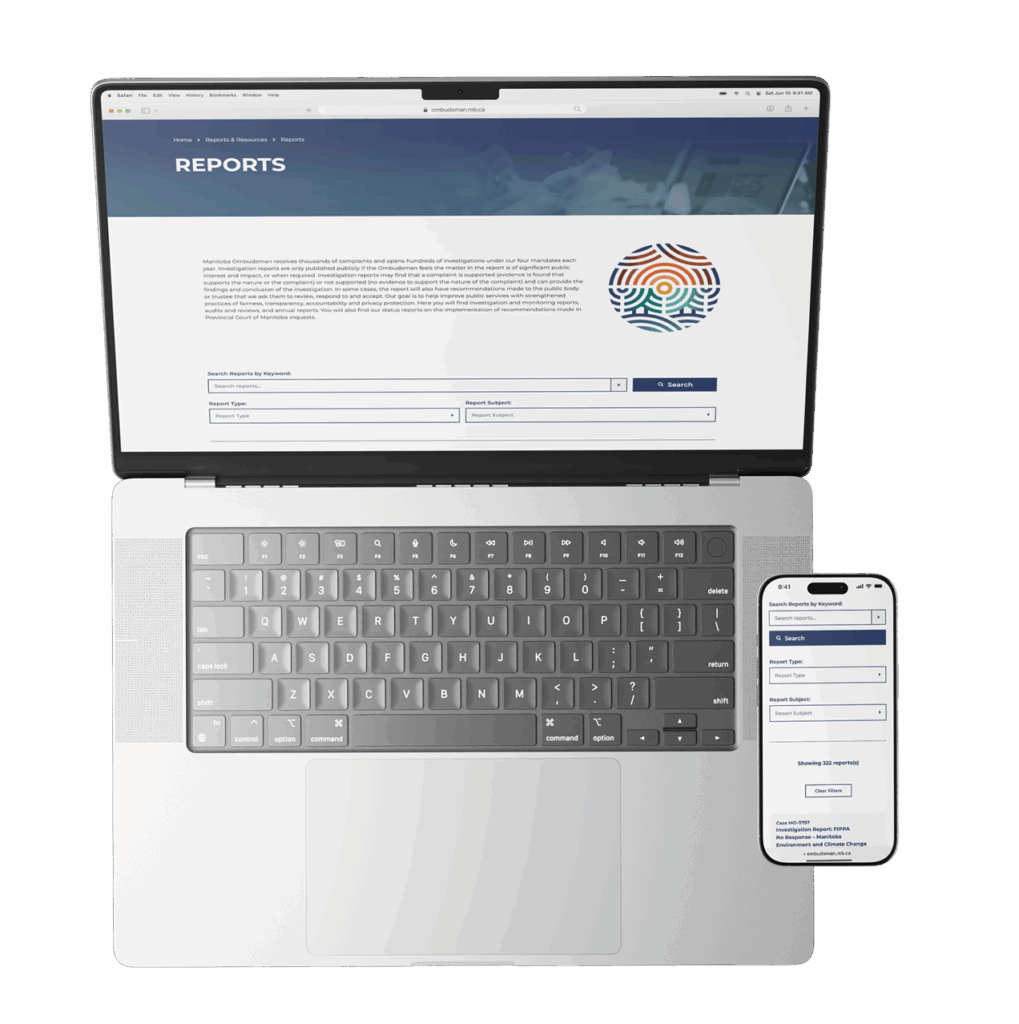 Manitoba Ombudsman website design on laptop and cell phone.
