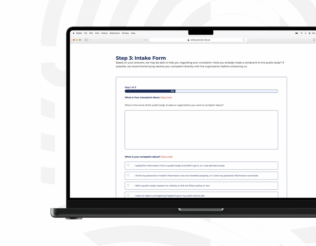 Manitoba Ombudsman Intake Form design on laptop.