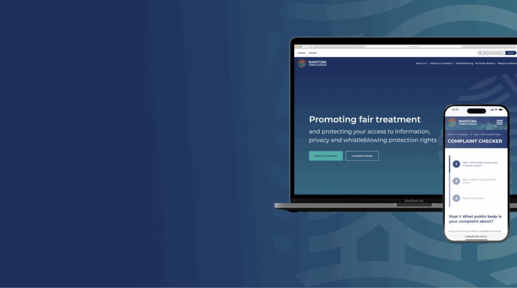 Manitoba Ombudsman website design mockup on laptop and mobile phone.