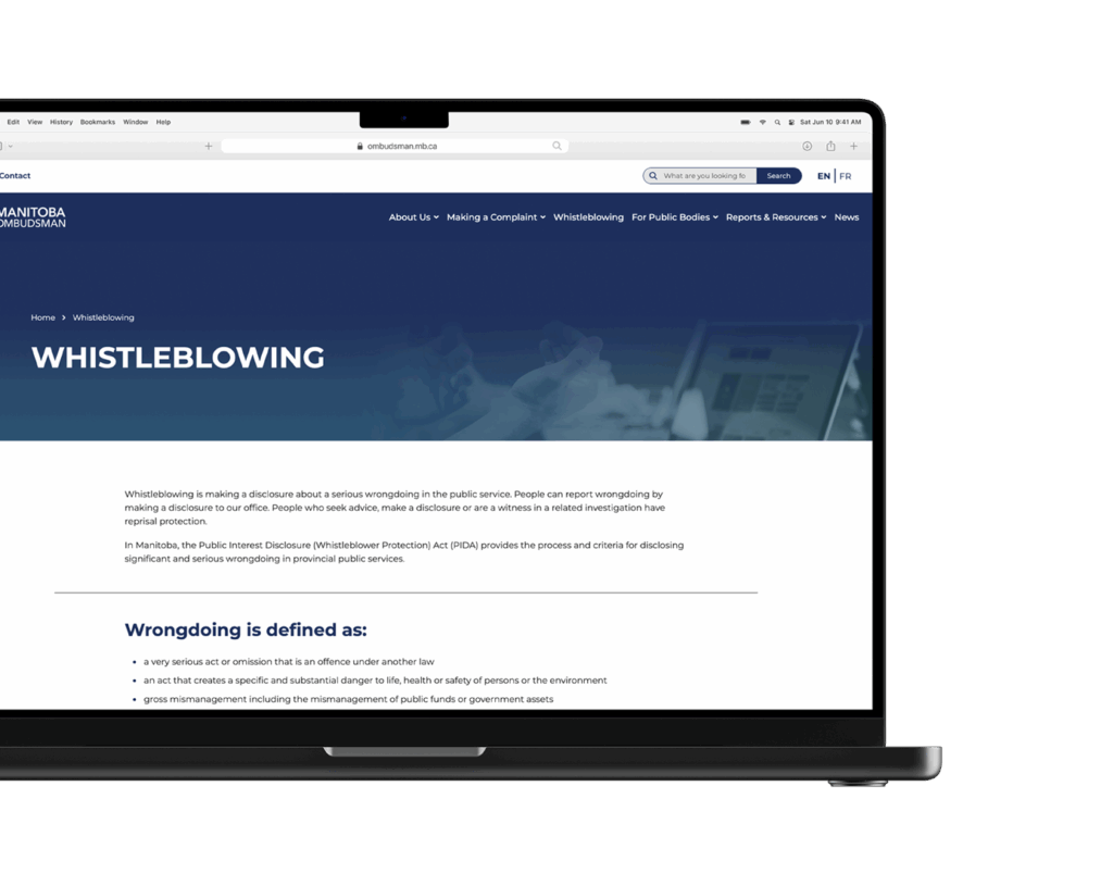 Manitoba Ombudsman website design mockup on laptop.