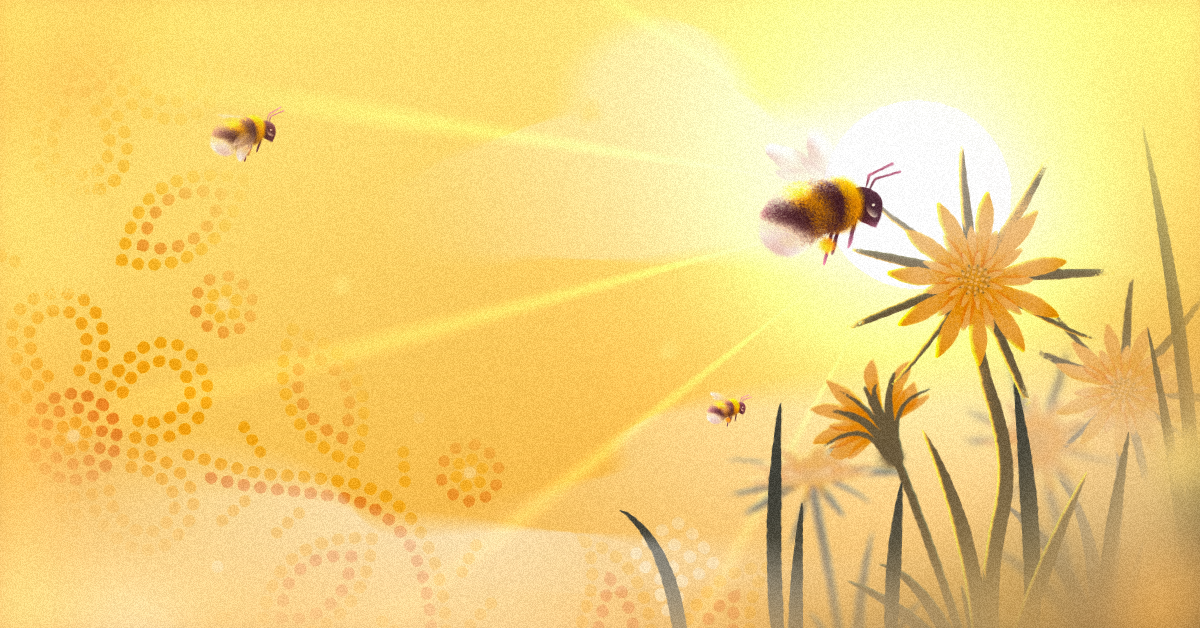 An illustrated bee lands on a flower with the sun shining in the background